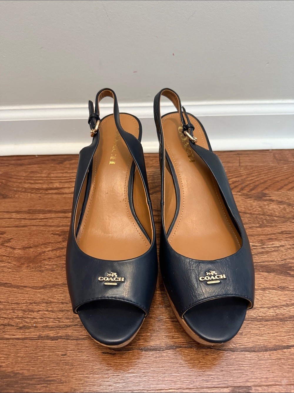 Coach Ferry Navy Leather Peep-Toe Cork Wedge Slingback with Gold Accent